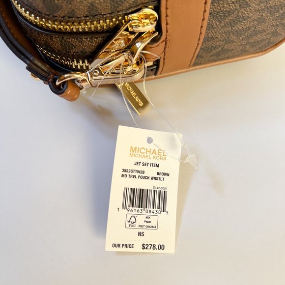Michael Kors Jet Set Item Medium Travel Pouch Double Zip Wristlet MK Brown - Picture 8 of 13